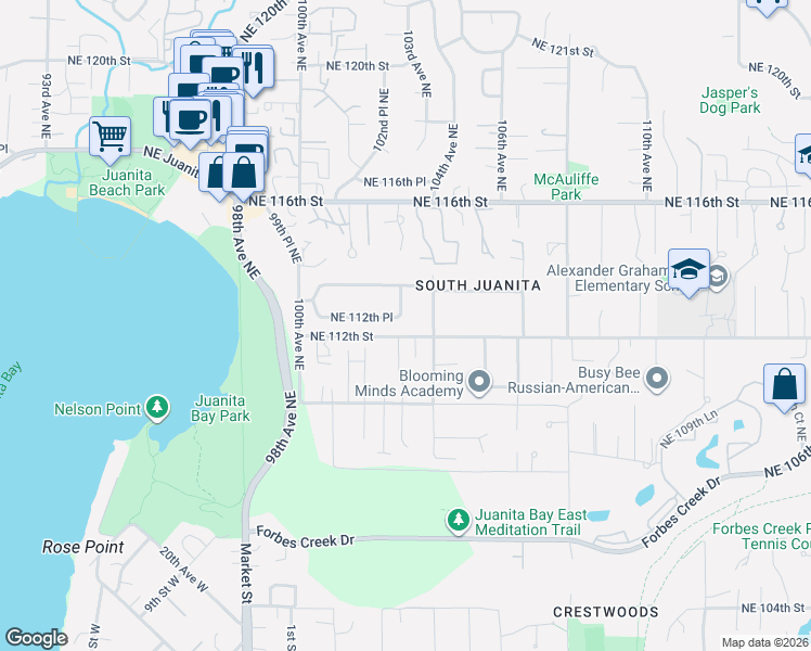 map of restaurants, bars, coffee shops, grocery stores, and more near 10317 Northeast 112th Street in Kirkland