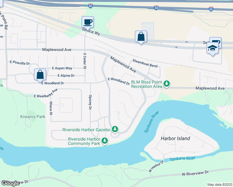 map of restaurants, bars, coffee shops, grocery stores, and more near 5004 Shore Cove in Post Falls