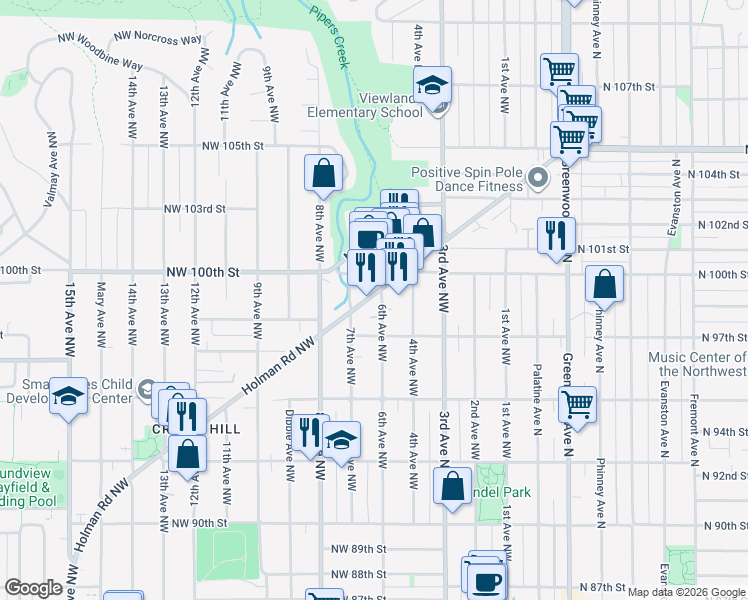 map of restaurants, bars, coffee shops, grocery stores, and more near 612 Northwest 97th Street in Seattle