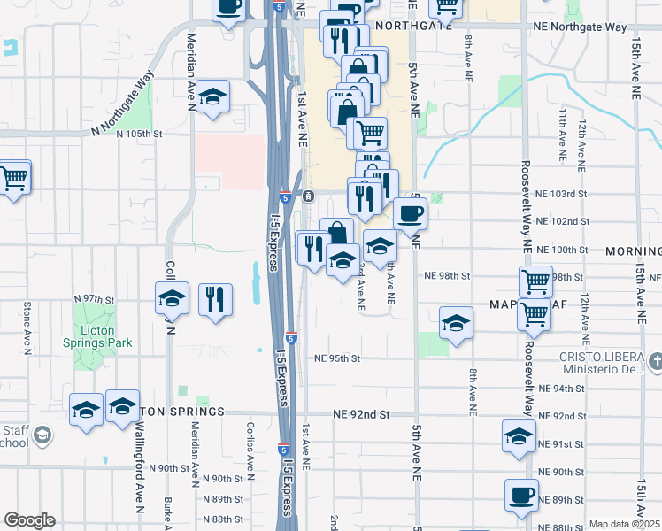 map of restaurants, bars, coffee shops, grocery stores, and more near in Seattle