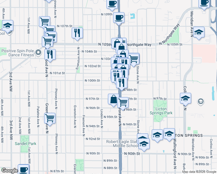map of restaurants, bars, coffee shops, grocery stores, and more near 920 North 100th Street in Seattle