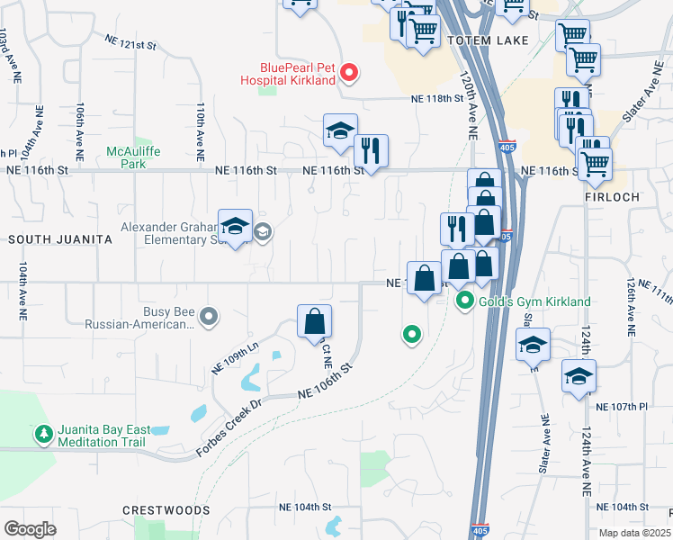 map of restaurants, bars, coffee shops, grocery stores, and more near 11236 115th Place Northeast in Kirkland