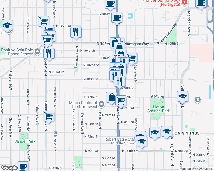 map of restaurants, bars, coffee shops, grocery stores, and more near 920 North 100th Street in Seattle