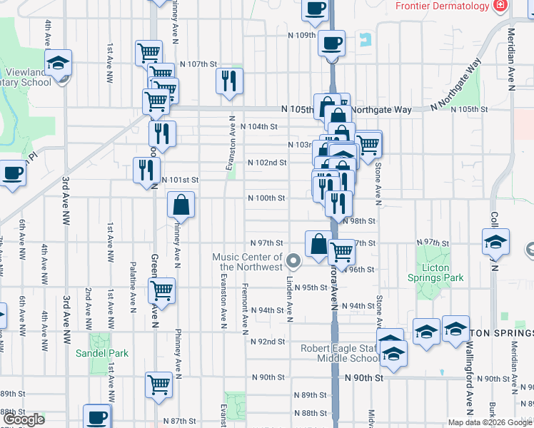 map of restaurants, bars, coffee shops, grocery stores, and more near 718 North 100th Street in Seattle