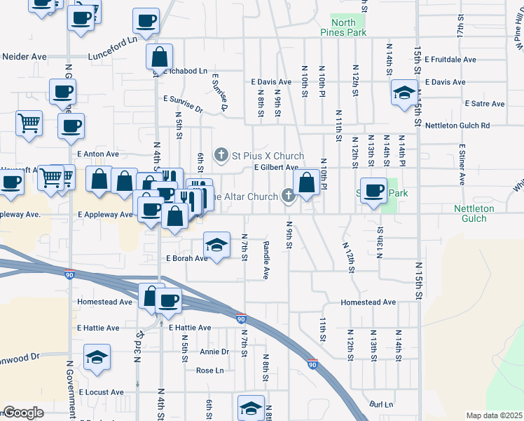 map of restaurants, bars, coffee shops, grocery stores, and more near 2610 North 7th Street in Coeur d'Alene