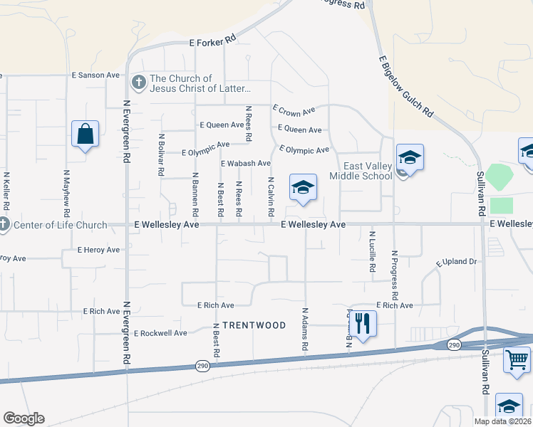 map of restaurants, bars, coffee shops, grocery stores, and more near 4817 North Calvin Road in Spokane Valley