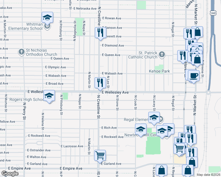 map of restaurants, bars, coffee shops, grocery stores, and more near 4803 North Stone Street in Spokane