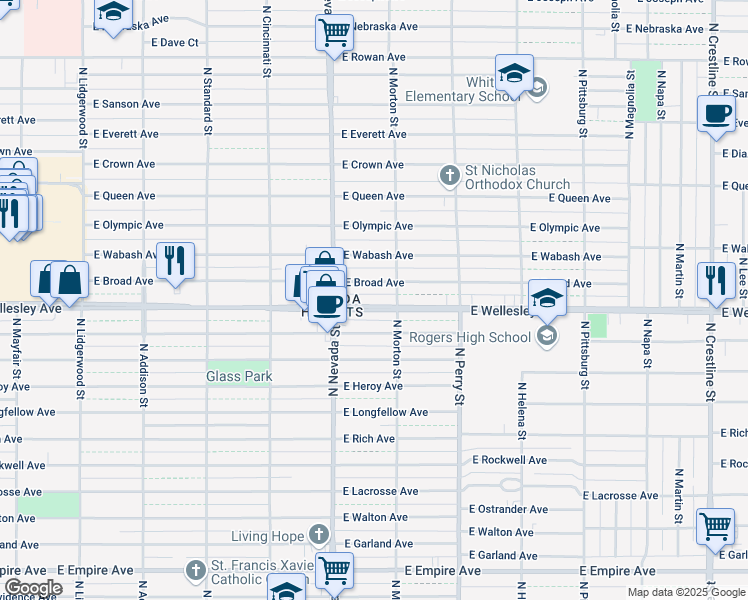 map of restaurants, bars, coffee shops, grocery stores, and more near 1119 East Broad Avenue in Spokane