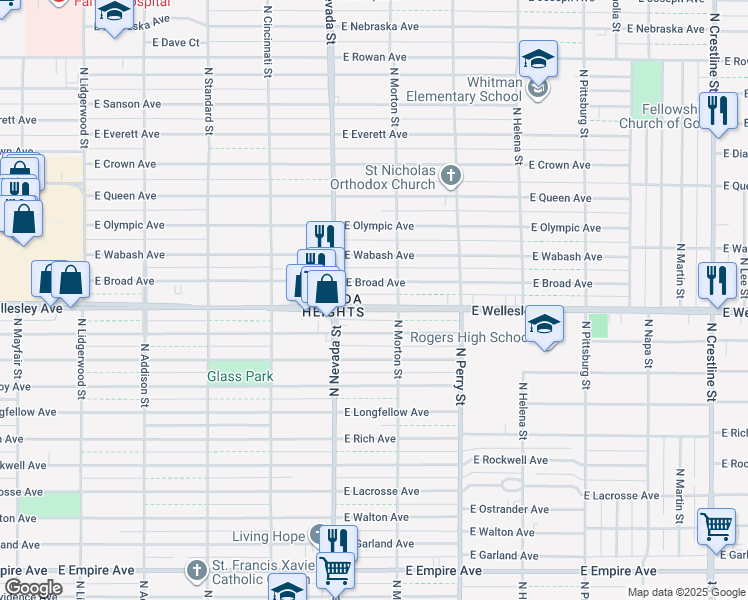 map of restaurants, bars, coffee shops, grocery stores, and more near 1119 East Broad Avenue in Spokane