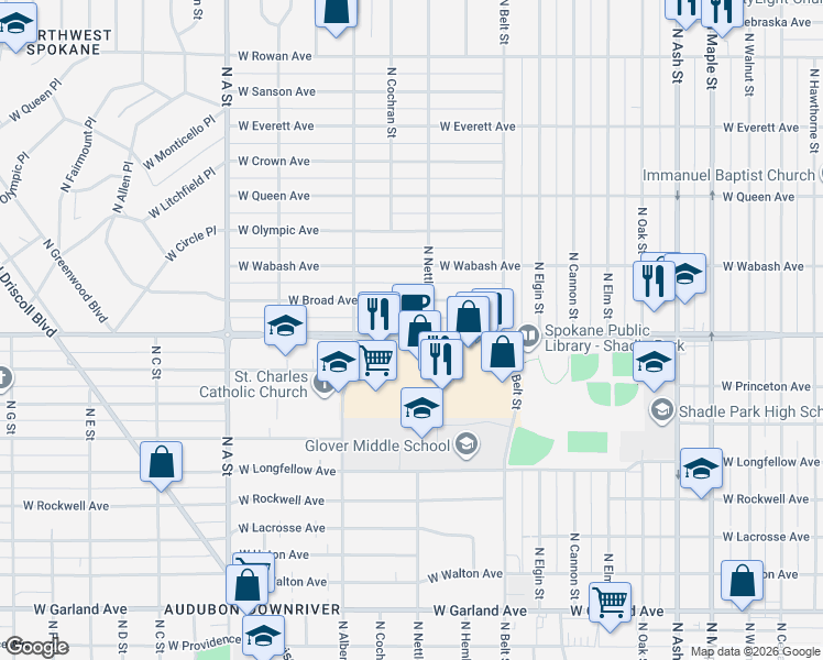 map of restaurants, bars, coffee shops, grocery stores, and more near 2417 West Broad Avenue in Spokane