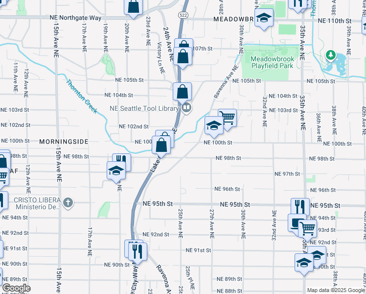 map of restaurants, bars, coffee shops, grocery stores, and more near 2500 Northeast 100th Street in Seattle