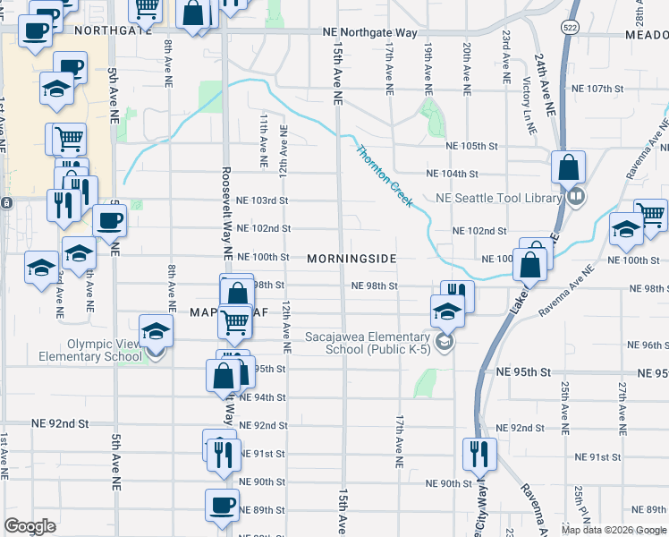 map of restaurants, bars, coffee shops, grocery stores, and more near 1242 Northeast 100th Street in Seattle