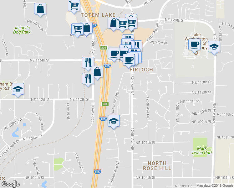 map of restaurants, bars, coffee shops, grocery stores, and more near 11240 Slater Avenue Northeast in Kirkland