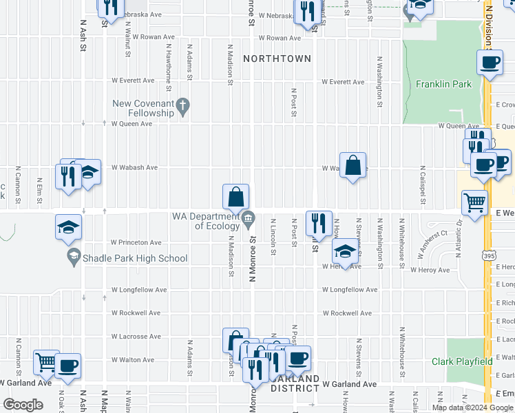 map of restaurants, bars, coffee shops, grocery stores, and more near 4702 North Monroe Street in Spokane
