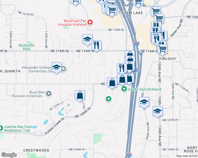 map of restaurants, bars, coffee shops, grocery stores, and more near 11222 116th Place Northeast in Kirkland