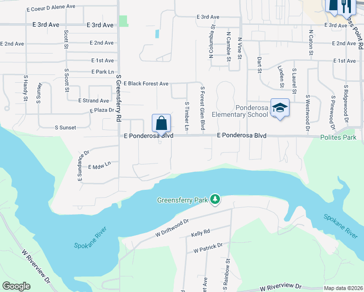 map of restaurants, bars, coffee shops, grocery stores, and more near 418 South Timber Lane in Post Falls