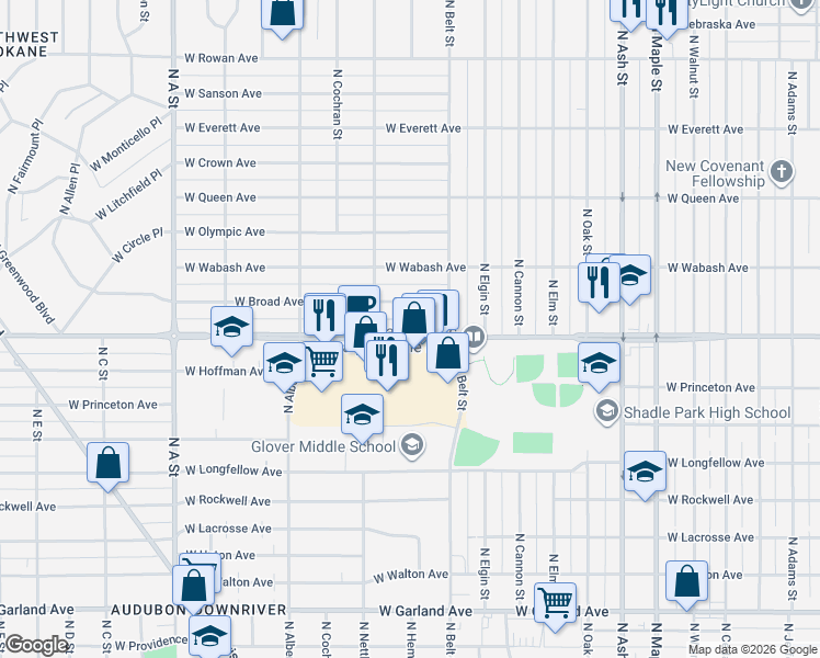 map of restaurants, bars, coffee shops, grocery stores, and more near 2304 West Wellesley Avenue in Spokane