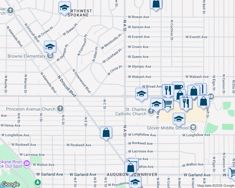 map of restaurants, bars, coffee shops, grocery stores, and more near 4721 North A Street in Spokane