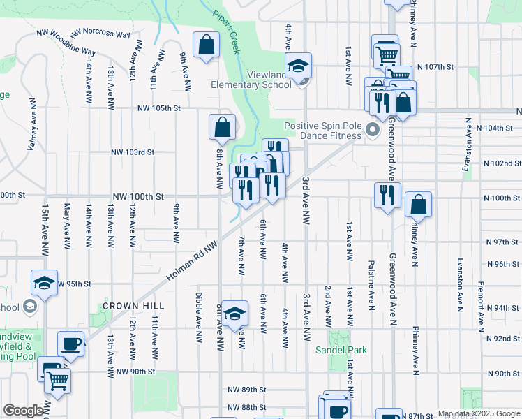 map of restaurants, bars, coffee shops, grocery stores, and more near Holman Road Northwest & 6th Avenue Northwest in Seattle