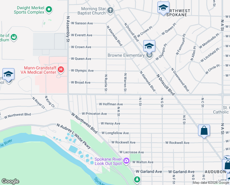 map of restaurants, bars, coffee shops, grocery stores, and more near 3915 West Broad Avenue in Spokane