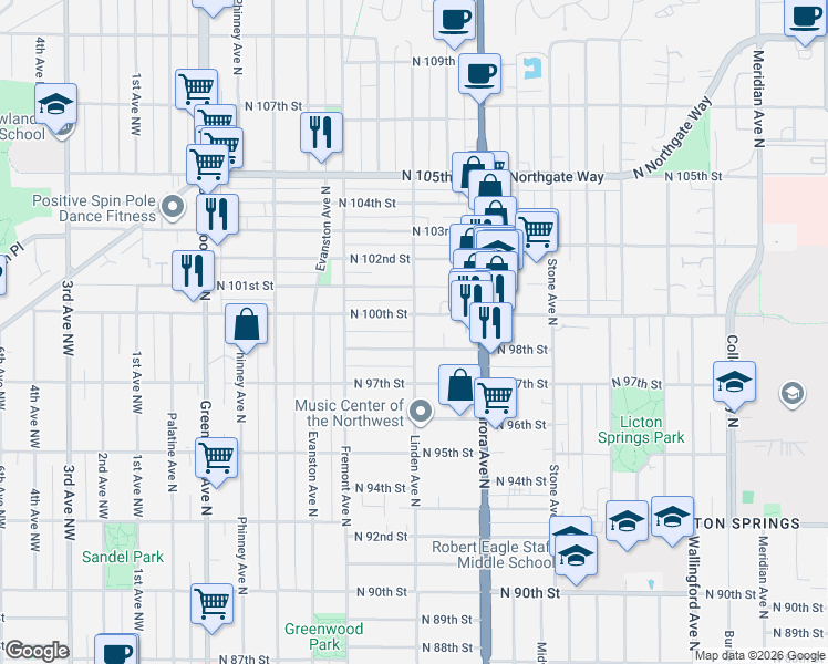 map of restaurants, bars, coffee shops, grocery stores, and more near 762 North 100th Street in Seattle