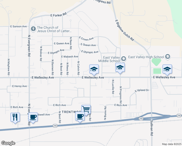 map of restaurants, bars, coffee shops, grocery stores, and more near 14701 East Wellesley Avenue in Spokane Valley