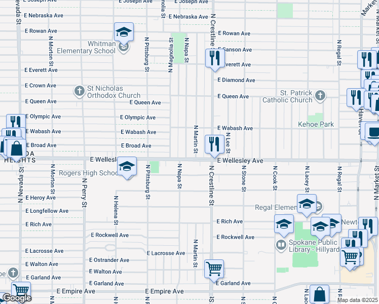 map of restaurants, bars, coffee shops, grocery stores, and more near 4779 North Napa Street in Spokane