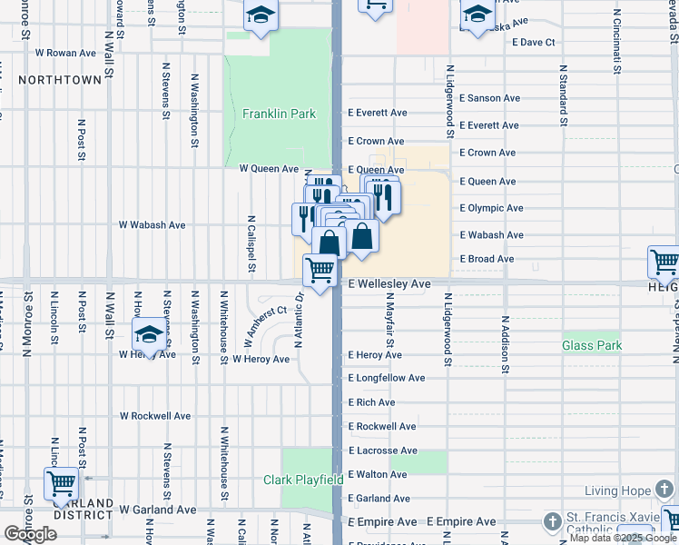 map of restaurants, bars, coffee shops, grocery stores, and more near 4750 North Division Street in Spokane