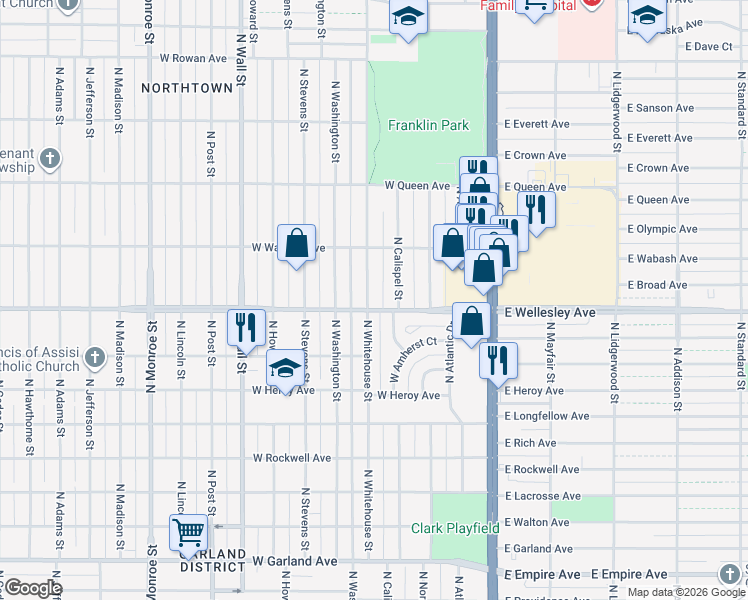 map of restaurants, bars, coffee shops, grocery stores, and more near 4723 North Whitehouse Street in Spokane