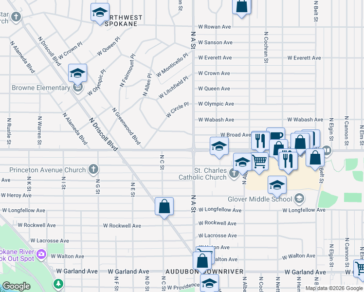 map of restaurants, bars, coffee shops, grocery stores, and more near 4721 North A Street in Spokane