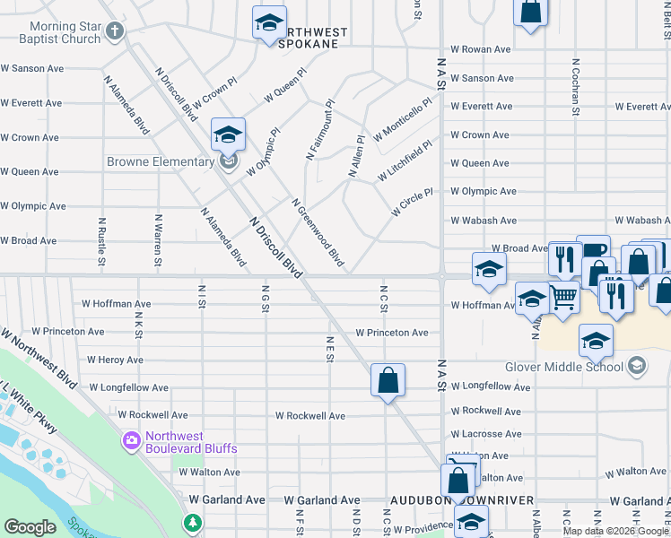 map of restaurants, bars, coffee shops, grocery stores, and more near 4726 North Greenwood Boulevard in Spokane
