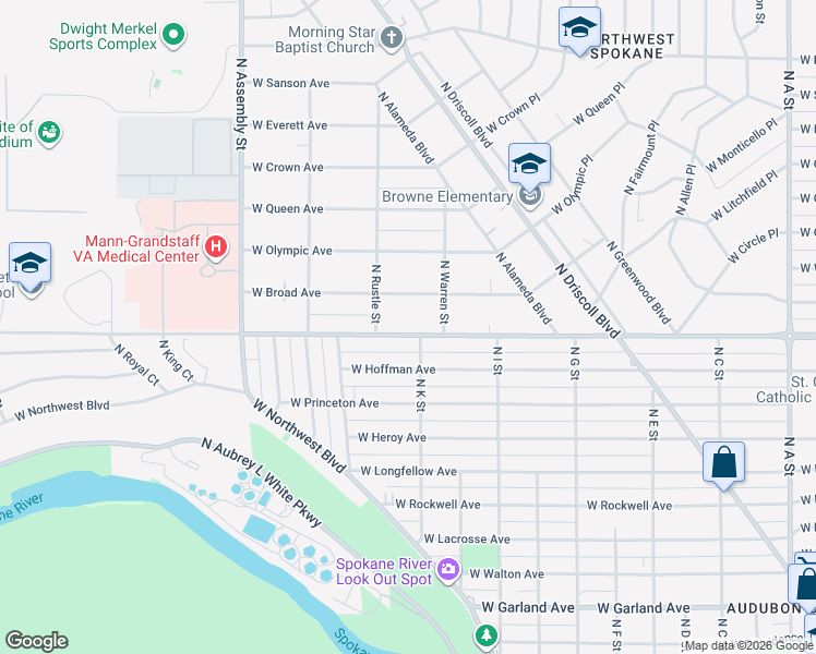map of restaurants, bars, coffee shops, grocery stores, and more near 3915 West Broad Avenue in Spokane