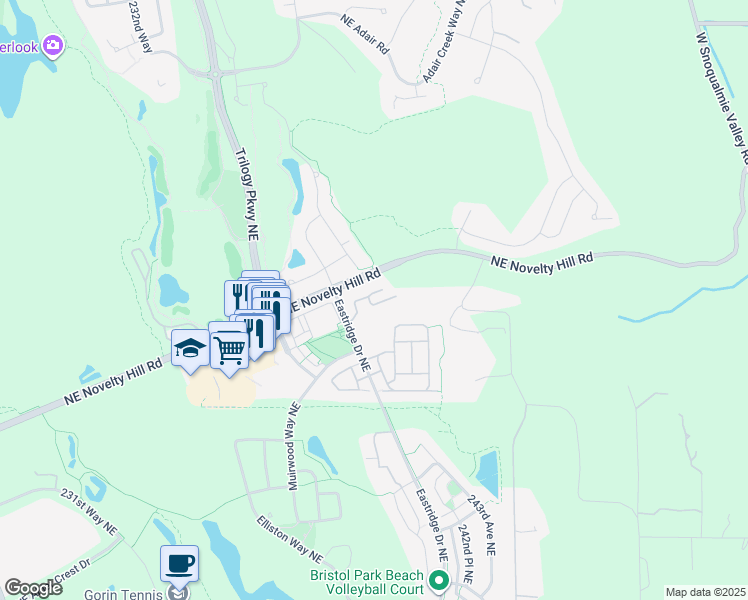 map of restaurants, bars, coffee shops, grocery stores, and more near 11608 239th Avenue Northeast in Redmond