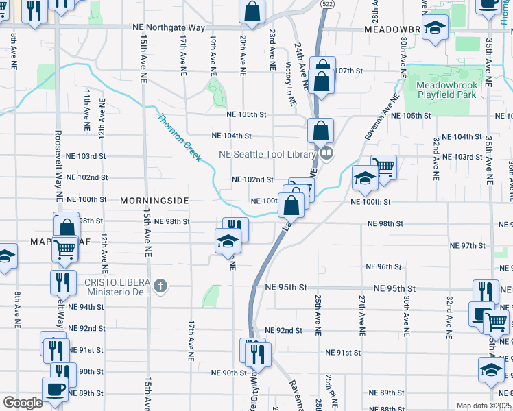map of restaurants, bars, coffee shops, grocery stores, and more near 2104 Northeast 100th Street in Seattle