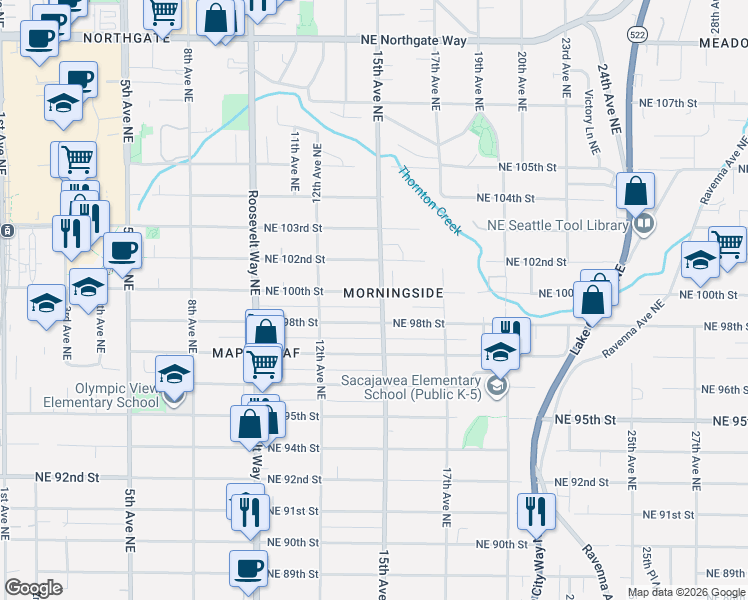 map of restaurants, bars, coffee shops, grocery stores, and more near 1242 Northeast 100th Street in Seattle