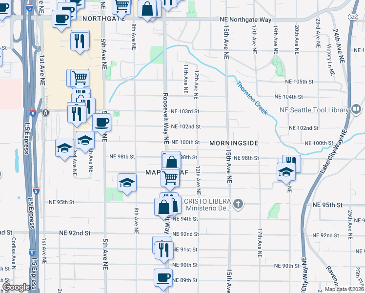 map of restaurants, bars, coffee shops, grocery stores, and more near 1040 Northeast 100th Street in Seattle