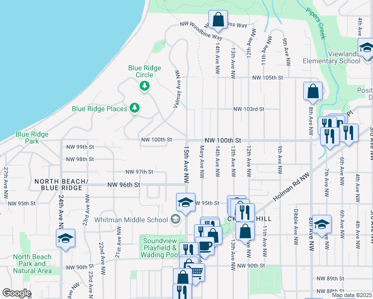 map of restaurants, bars, coffee shops, grocery stores, and more near 1515 Northwest 100th Street in Seattle