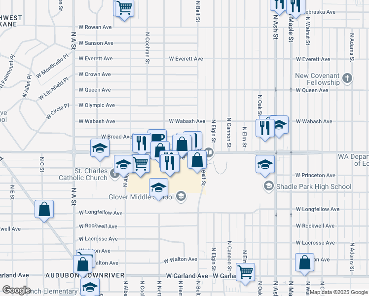 map of restaurants, bars, coffee shops, grocery stores, and more near 2224 Wellesley Avenue in Spokane