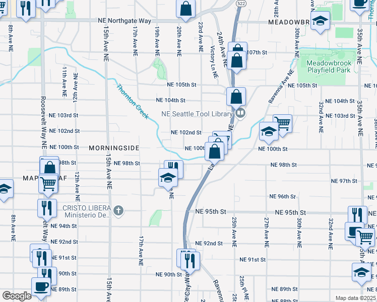 map of restaurants, bars, coffee shops, grocery stores, and more near 2104 Northeast 100th Street in Seattle