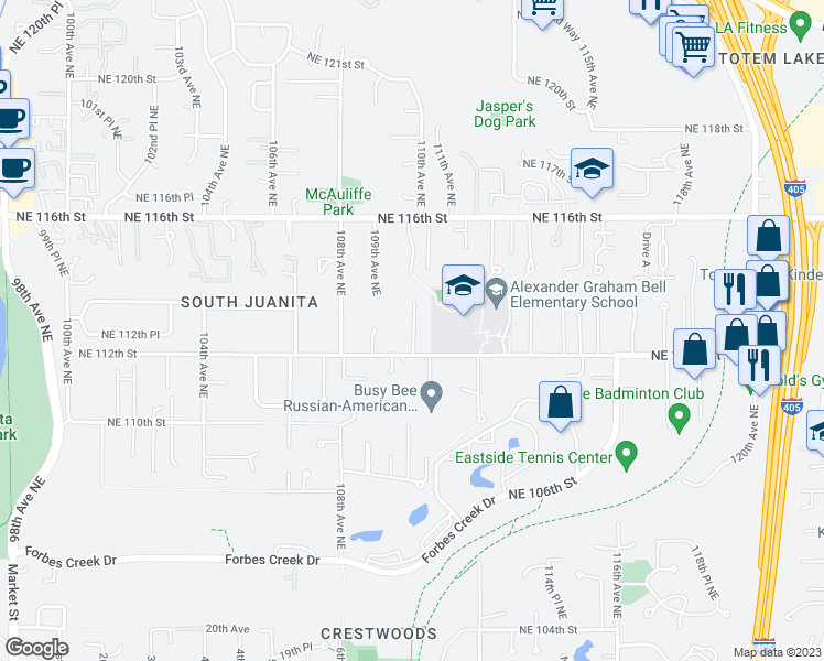 map of restaurants, bars, coffee shops, grocery stores, and more near 11217 110th Avenue Northeast in Kirkland