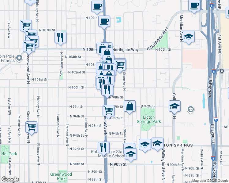 map of restaurants, bars, coffee shops, grocery stores, and more near 1125 North 100th Street in Seattle