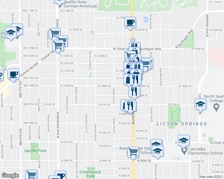 map of restaurants, bars, coffee shops, grocery stores, and more near 762 North 100th Street in Seattle