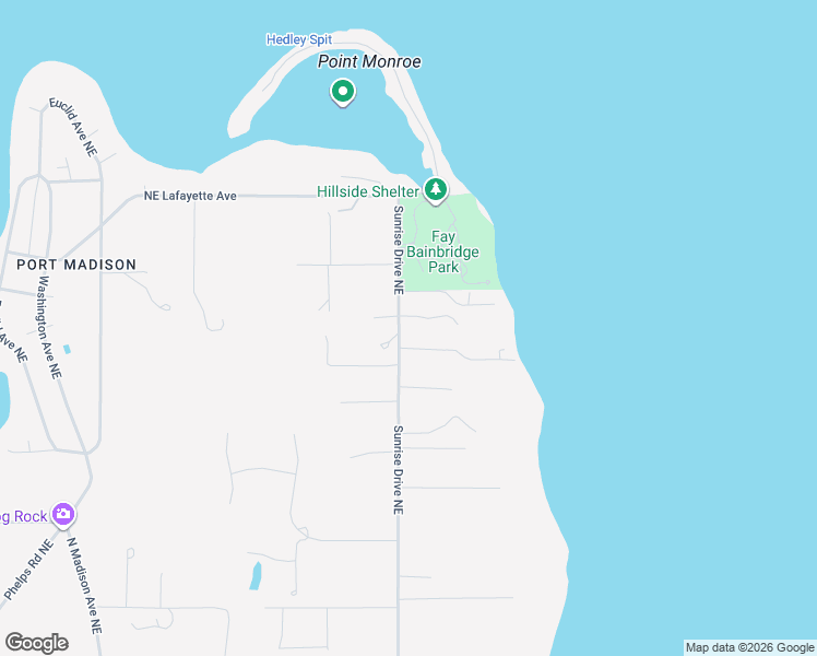 map of restaurants, bars, coffee shops, grocery stores, and more near 15128 Sunrise Drive Northeast in Bainbridge Island