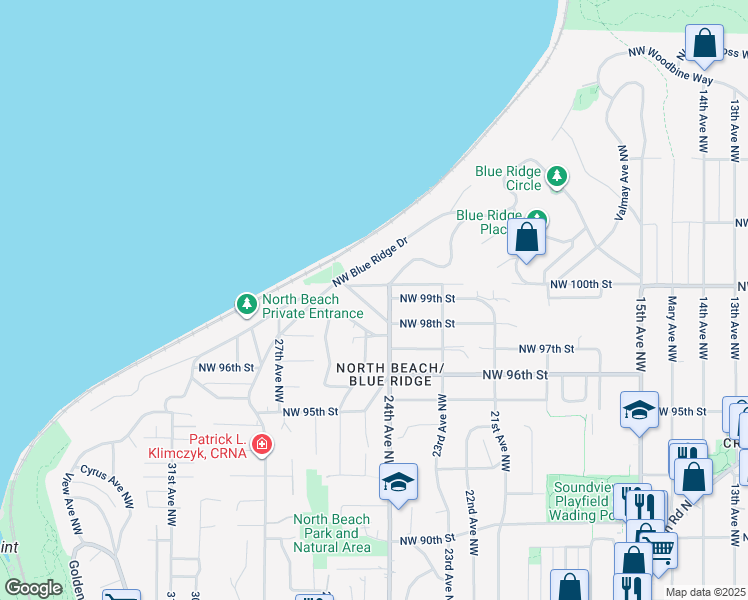 map of restaurants, bars, coffee shops, grocery stores, and more near 2411 Northwest 100th Street in Seattle