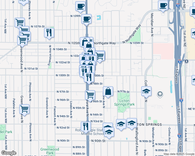 map of restaurants, bars, coffee shops, grocery stores, and more near 1133 North 100th Street in Seattle