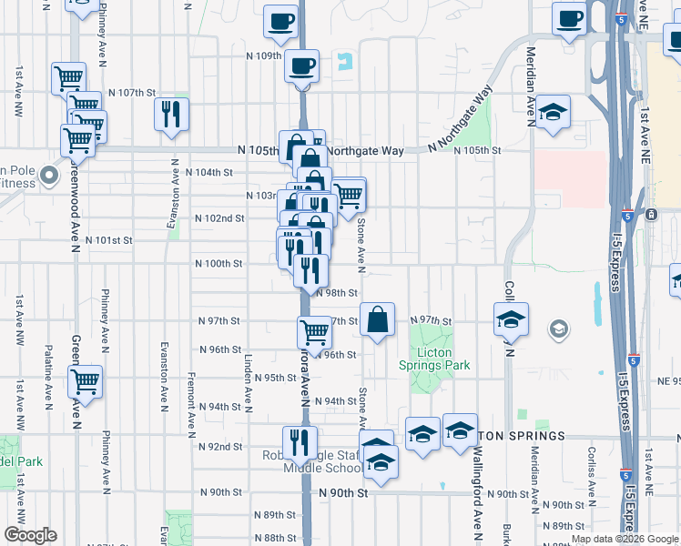 map of restaurants, bars, coffee shops, grocery stores, and more near 1133 North 100th Street in Seattle