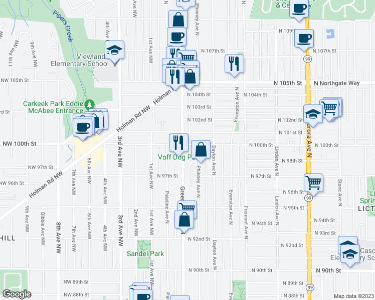map of restaurants, bars, coffee shops, grocery stores, and more near 10000 Greenwood Avenue North in Seattle