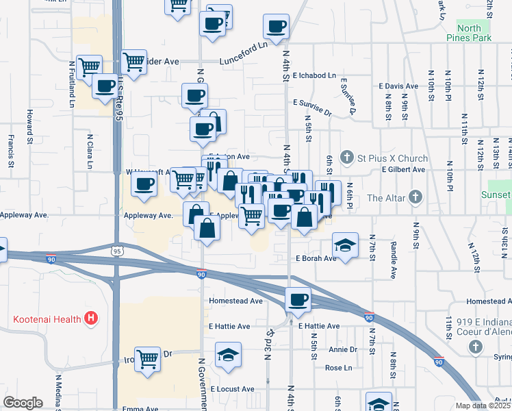 map of restaurants, bars, coffee shops, grocery stores, and more near 131 East Best Avenue in Coeur d'Alene