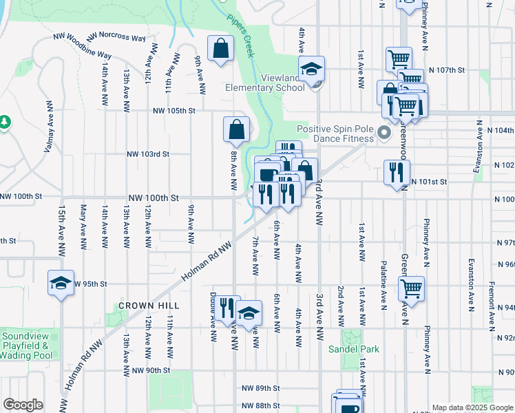map of restaurants, bars, coffee shops, grocery stores, and more near 9999 Holman Road Northwest in Seattle