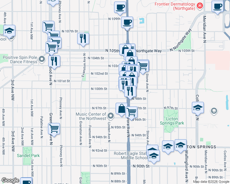 map of restaurants, bars, coffee shops, grocery stores, and more near 917 North 100th Street in Seattle